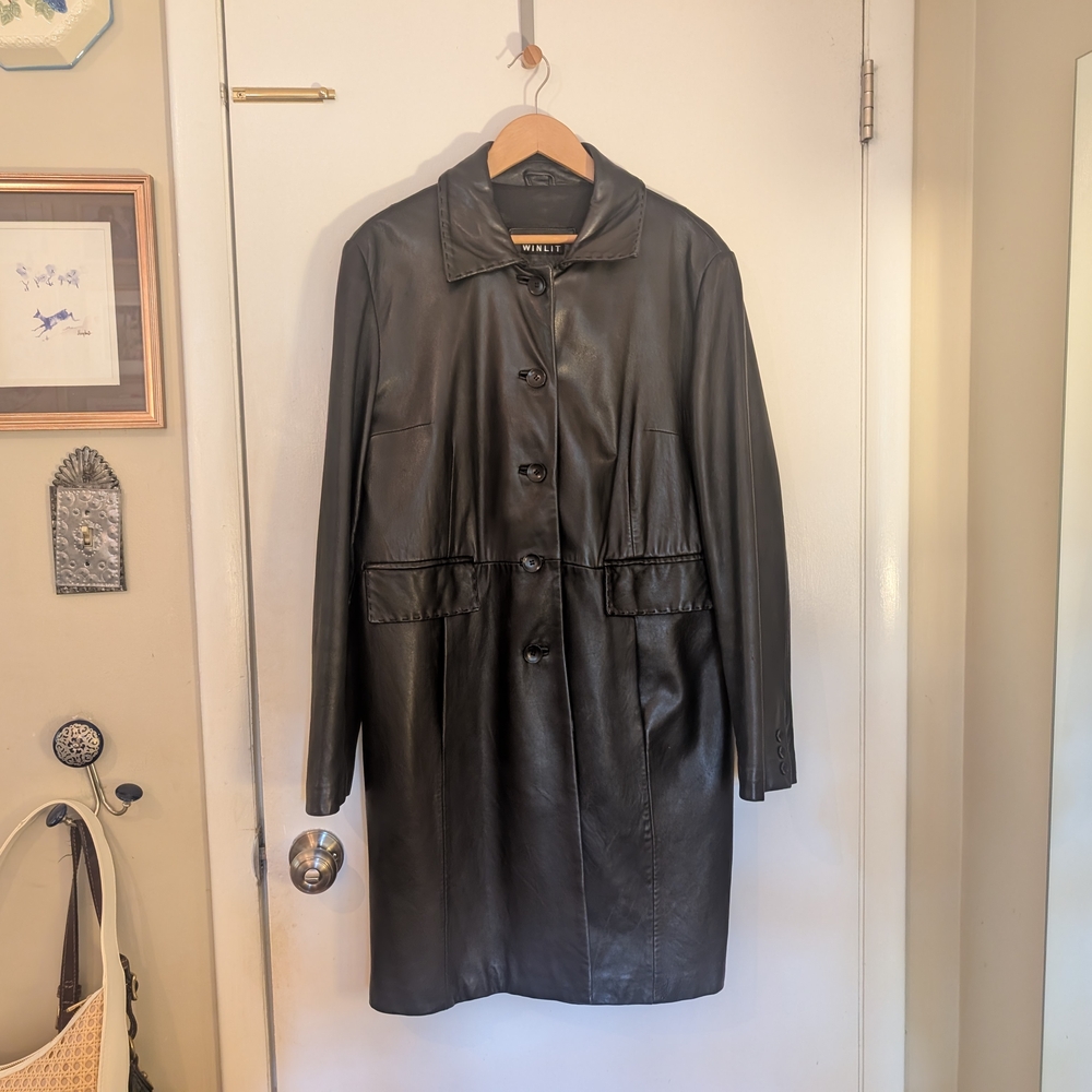 90s Black Leather Coat Midi Coat